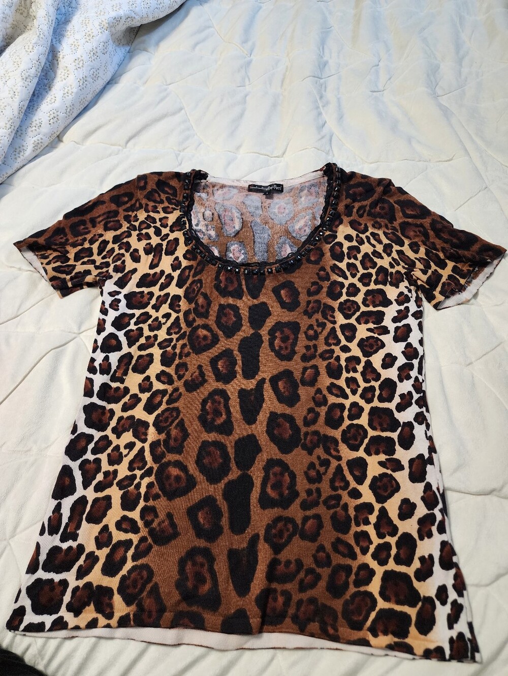 Others Follow Leopard Print Short Sleeve Tee with Beaded Scoop Neck